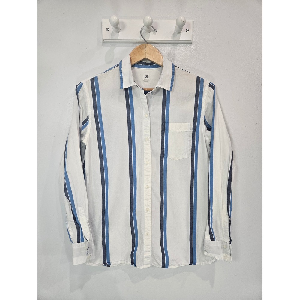 Gap Womens Small White Blue Striped Long Sleeve Button Down Cotton Shirt Pocket